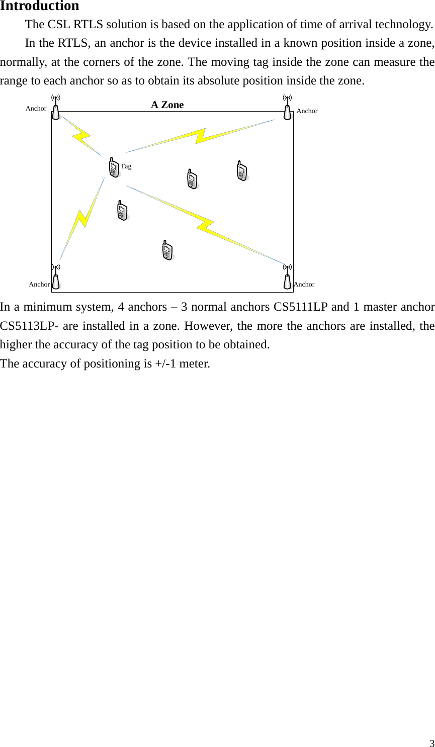  3Introduction The CSL RTLS solution is based on the application of time of arrival technology. In the RTLS, an anchor is the device installed in a known position inside a zone, normally, at the corners of the zone. The moving tag inside the zone can measure the range to each anchor so as to obtain its absolute position inside the zone. A ZoneAnchor AnchorAnchorAnchorTag In a minimum system, 4 anchors – 3 normal anchors CS5111LP and 1 master anchor CS5113LP- are installed in a zone. However, the more the anchors are installed, the higher the accuracy of the tag position to be obtained.   The accuracy of positioning is +/-1 meter. 