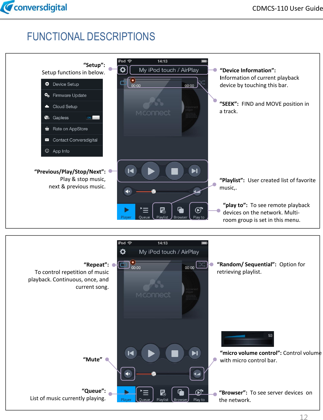 CDMCS-110 User Guide 12 FUNCTIONAL DESCRIPTIONS &ldquo;play to&rdquo;:  To see remote playback devices on the network. Multi-room group is set in this menu.  &ldquo;SEEK&rdquo;:  FIND and MOVE position in a track.  &ldquo;Playlist&rdquo;:  User created list of favorite music,.  &ldquo;Previous/Play/Stop/Next&rdquo;:  Play &amp; stop music,  next &amp; previous music. &ldquo;Setup&rdquo;:  Setup functions in below.  &ldquo;Device Information&rdquo;:  Information of current playback device by touching this bar. &ldquo;Browser&rdquo;:  To see server devices  on the network. &ldquo;micro volume control&rdquo;: Control volume with micro control bar. &ldquo;Mute&rdquo; &ldquo;Random/ Sequential&rdquo;:  Option for retrieving playlist. &ldquo;Repeat&rdquo;:  To control repetition of music playback. Continuous, once, and  current song. &ldquo;Queue&rdquo;:  List of music currently playing.  