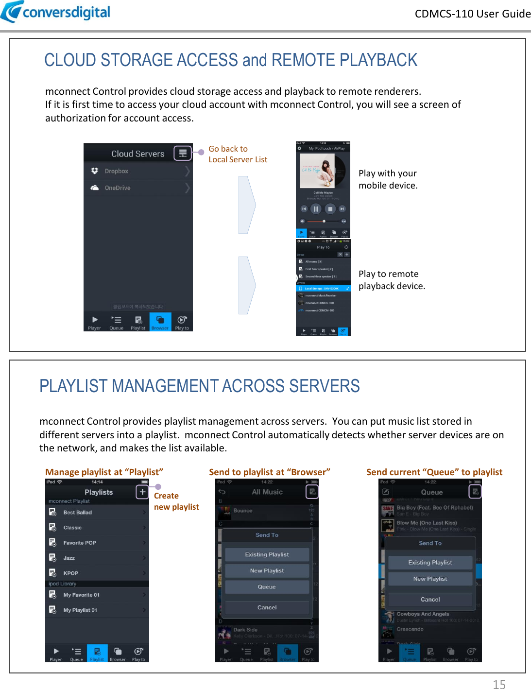 CDMCS-110 User Guide 15 CLOUD STORAGE ACCESS and REMOTE PLAYBACK PLAYLIST MANAGEMENT ACROSS SERVERS mconnect Control provides cloud storage access and playback to remote renderers.  If it is first time to access your cloud account with mconnect Control, you will see a screen of authorization for account access.  Play with your mobile device. Go back to  Local Server List Play to remote playback device.  mconnect Control provides playlist management across servers.  You can put music list stored in different servers into a playlist.  mconnect Control automatically detects whether server devices are on the network, and makes the list available. Create  new playlist Manage playlist at &ldquo;Playlist&rdquo; Send to playlist at &ldquo;Browser&rdquo; Send current &ldquo;Queue&rdquo; to playlist 