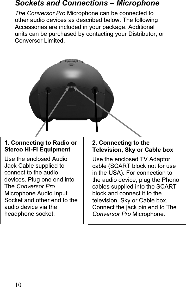 10Sockets and Connections – MicrophoneThe Conversor Pro Microphone can be connected to other audio devices as described below. The following Accessories are included in your package. Additional units can be purchased by contacting your Distributor, or  Conversor Limited. 1. Connecting to Radio or Stereo Hi-Fi Equipment Use the enclosed Audio Jack Cable supplied to connect to the audio devices. Plug one end into The Conversor ProMicrophone Audio Input Socket and other end to the audio device via the headphone socket. 2. Connecting to the Television, Sky or Cable box Use the enclosed TV Adaptor cable (SCART block not for use in the USA). For connection to the audio device, plug the Phono cables supplied into the SCART block and connect it to the television, Sky or Cable box. Connect the jack pin end to The Conversor Pro Microphone. 