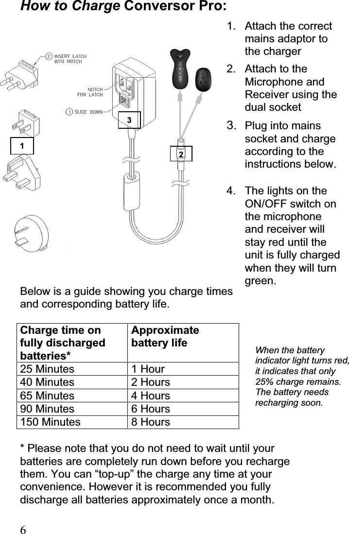 6How to Charge Conversor Pro:Below is a guide showing you charge times  and corresponding battery life. Charge time on fully discharged batteries*Approximatebattery life 25 Minutes  1 Hour 40 Minutes  2 Hours 65 Minutes  4 Hours 90 Minutes  6 Hours 150 Minutes  8 Hours * Please note that you do not need to wait until your batteries are completely run down before you recharge them. You can “top-up” the charge any time at your convenience. However it is recommended you fully discharge all batteries approximately once a month.1.  Attach the correct mains adaptor to the charger 2.  Attach to the Microphone and Receiver using thedual socket 3. Plug into mains socket and charge according to the instructions below.4.  The lights on the ON/OFF switch on the microphone and receiver will stay red until the unit is fully charged when they will turn green.When the battery indicator light turns red, it indicates that only 25% charge remains. The battery needs recharging soon. 132