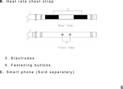 6 B .   H e a t   r a t e   c h e s t   s t r a p  3 .   E l e c t r o d e s  4 .   F a s t e n i n g   b u t t o n s  C .   S m a r t   p h o n e   ( S o l d   s e p a r a t e l y ) 