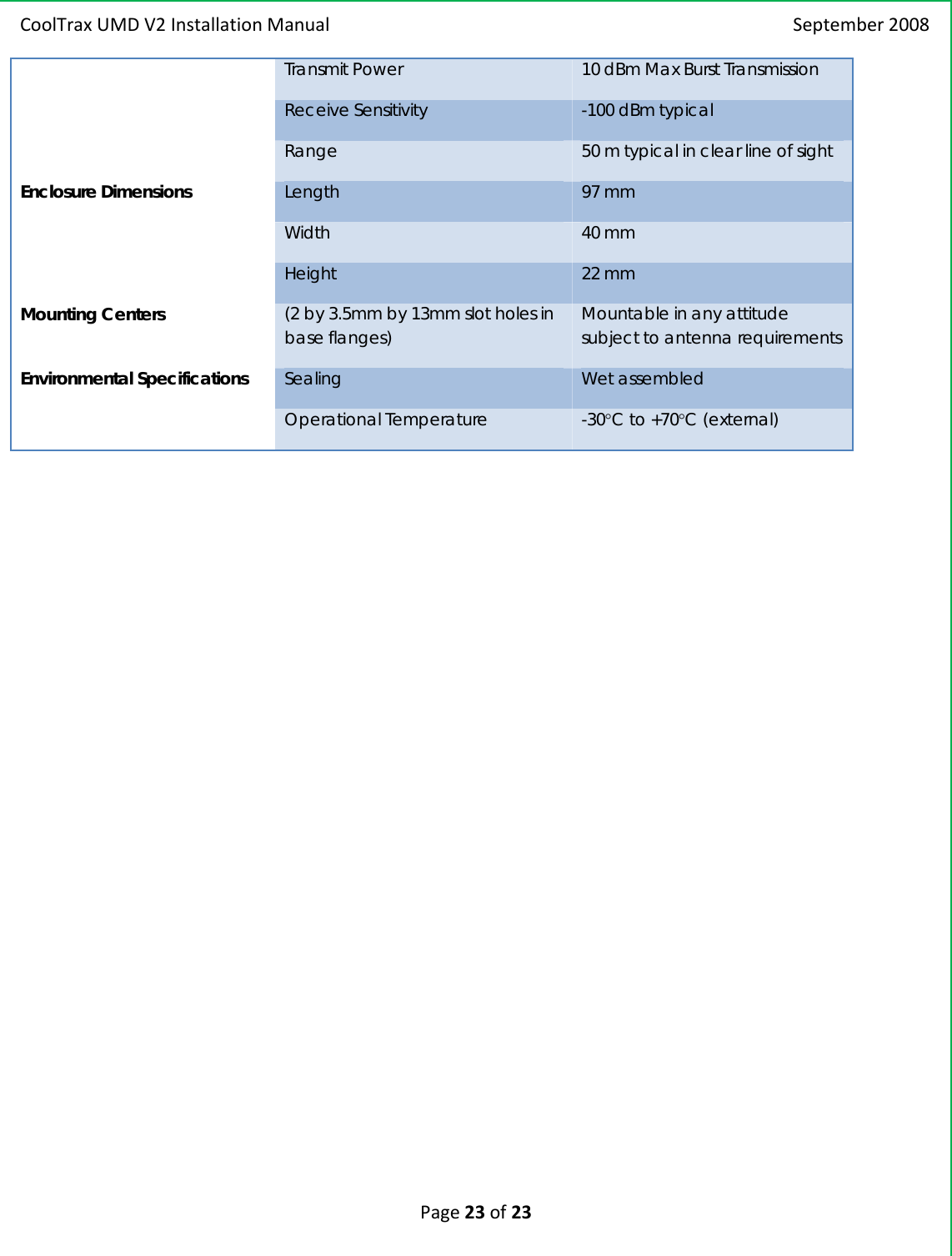 CoolTraxUMDV2InstallationManual September2008Page23of23 Transmit Power  10 dBm Max Burst Transmission  Receive Sensitivity  -100 dBm typical  Range  50 m typical in clear line of sight Enclosure Dimensions  Length  97 mm  Width   40 mm  Height  22 mm Mounting Centers  (2 by 3.5mm by 13mm slot holes in base flanges)  Mountable in any attitude subject to antenna requirements Environmental Specifications  Sealing  Wet assembled  Operational Temperature  -30°C to +70°C (external) 