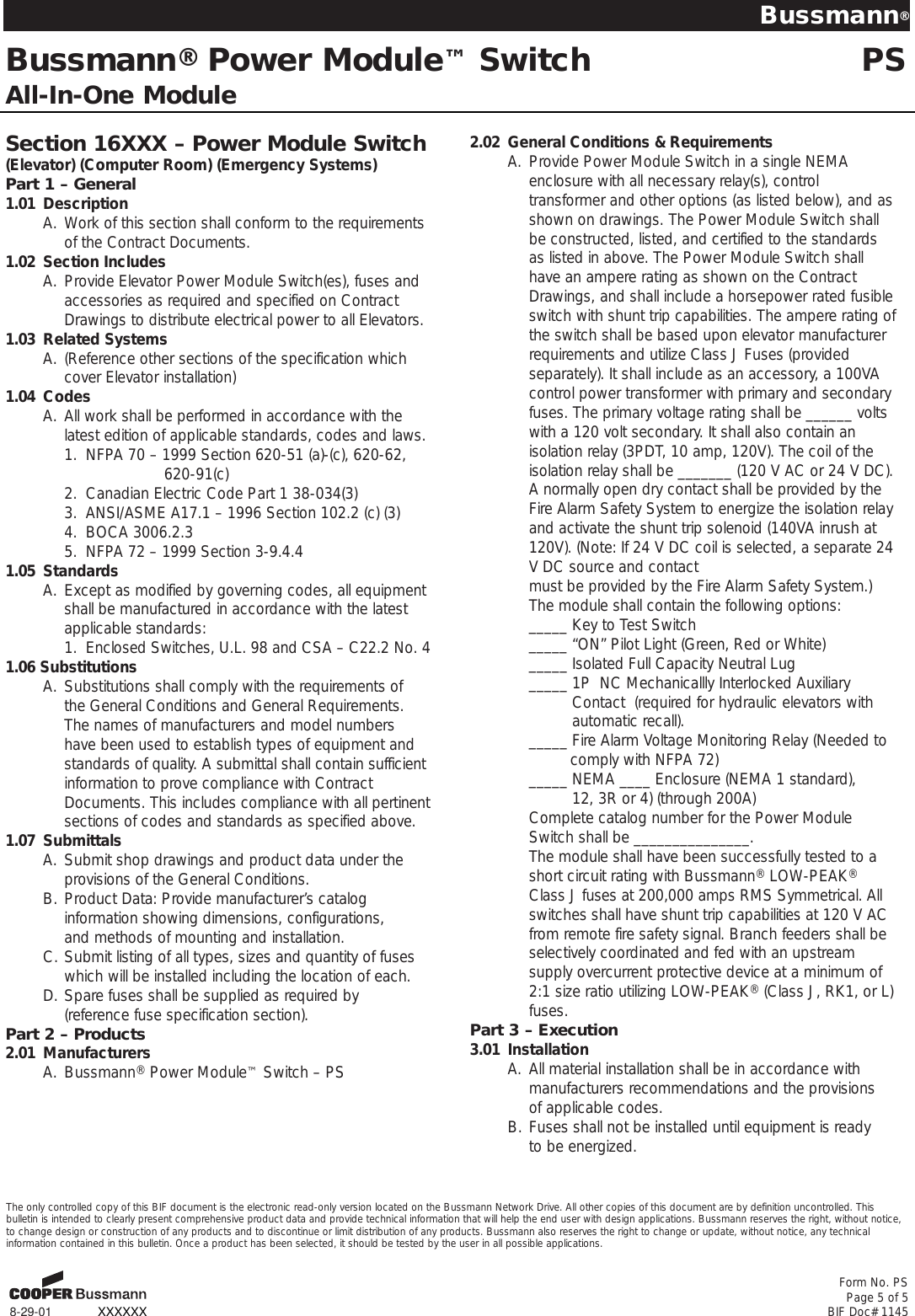 Page 5 of 5 - Cooper-Bussmann Cooper-Bussmann-Power-Module-Ps-Users-Manual- PS BIF#1145 (9/4/96) Cooper-bussmann-power-module-ps-users-manual