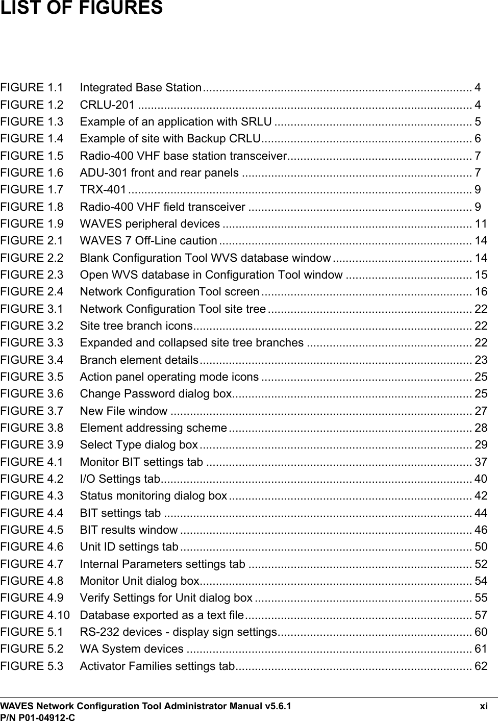 WAVES Network Configuration Tool Administrator Manual v5.6.1 xiP/N P01-04912-CLIST OF FIGURESFIGURE 1.1     Integrated Base Station................................................................................... 4FIGURE 1.2     CRLU-201 ....................................................................................................... 4FIGURE 1.3     Example of an application with SRLU ............................................................. 5FIGURE 1.4     Example of site with Backup CRLU................................................................. 6FIGURE 1.5     Radio-400 VHF base station transceiver......................................................... 7FIGURE 1.6     ADU-301 front and rear panels ....................................................................... 7FIGURE 1.7     TRX-401..........................................................................................................9FIGURE 1.8     Radio-400 VHF field transceiver ..................................................................... 9FIGURE 1.9     WAVES peripheral devices ............................................................................. 11FIGURE 2.1     WAVES 7 Off-Line caution .............................................................................. 14FIGURE 2.2     Blank Configuration Tool WVS database window ........................................... 14FIGURE 2.3     Open WVS database in Configuration Tool window ....................................... 15FIGURE 2.4     Network Configuration Tool screen................................................................. 16FIGURE 3.1     Network Configuration Tool site tree............................................................... 22FIGURE 3.2     Site tree branch icons...................................................................................... 22FIGURE 3.3     Expanded and collapsed site tree branches ................................................... 22FIGURE 3.4     Branch element details.................................................................................... 23FIGURE 3.5     Action panel operating mode icons ................................................................. 25FIGURE 3.6     Change Password dialog box.......................................................................... 25FIGURE 3.7     New File window ............................................................................................. 27FIGURE 3.8     Element addressing scheme........................................................................... 28FIGURE 3.9     Select Type dialog box.................................................................................... 29FIGURE 4.1     Monitor BIT settings tab .................................................................................. 37FIGURE 4.2     I/O Settings tab................................................................................................ 40FIGURE 4.3     Status monitoring dialog box........................................................................... 42FIGURE 4.4     BIT settings tab ............................................................................................... 44FIGURE 4.5     BIT results window .......................................................................................... 46FIGURE 4.6     Unit ID settings tab.......................................................................................... 50FIGURE 4.7     Internal Parameters settings tab ..................................................................... 52FIGURE 4.8     Monitor Unit dialog box.................................................................................... 54FIGURE 4.9     Verify Settings for Unit dialog box ................................................................... 55FIGURE 4.10   Database exported as a text file...................................................................... 57FIGURE 5.1     RS-232 devices - display sign settings............................................................ 60FIGURE 5.2     WA System devices ........................................................................................ 61FIGURE 5.3     Activator Families settings tab......................................................................... 62