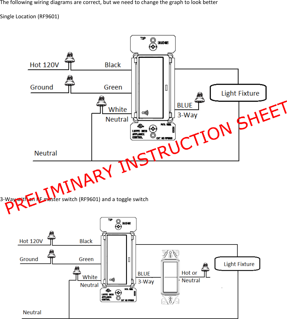  The following wiring diagrams are correct, but we need to change the graph to look better Single Location (RF9601)   3-Way with an RF master switch (RF9601) and a toggle switch   