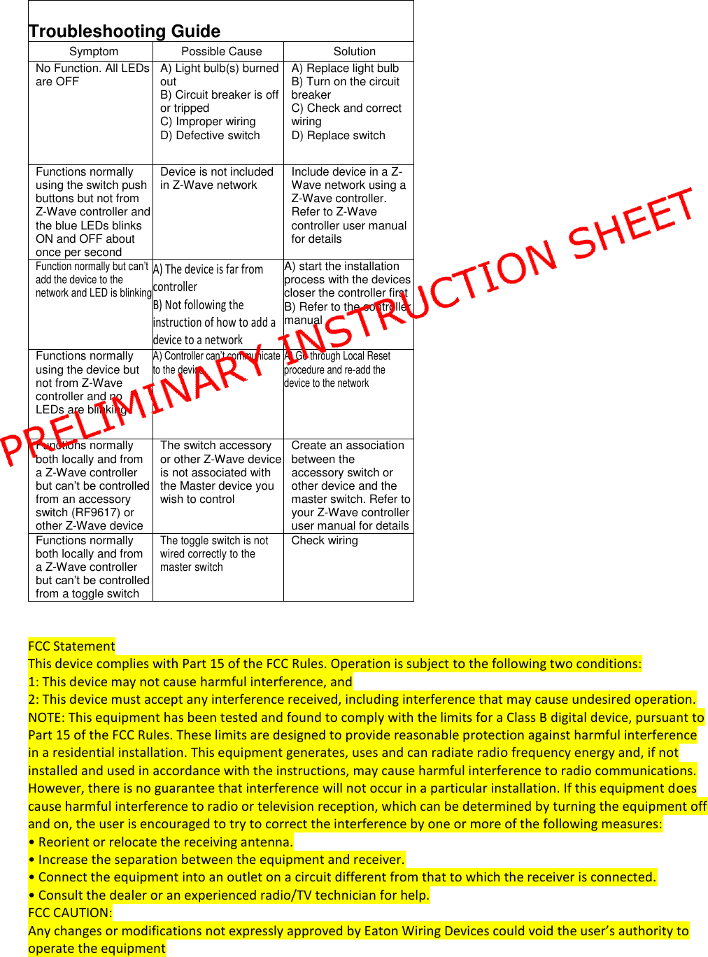                              FCC Statement This device complies with Part 15 of the FCC Rules. Operation is subject to the following two conditions: 1: This device may not cause harmful interference, and 2: This device must accept any interference received, including interference that may cause undesired operation. NOTE: This equipment has been tested and found to comply with the limits for a Class B digital device, pursuant to Part 15 of the FCC Rules. These limits are designed to provide reasonable protection against harmful interference in a residential installation. This equipment generates, uses and can radiate radio frequency energy and, if not installed and used in accordance with the instructions, may cause harmful interference to radio communications. However, there is no guarantee that interference will not occur in a particular installation. If this equipment does cause harmful interference to radio or television reception, which can be determined by turning the equipment off and on, the user is encouraged to try to correct the interference by one or more of the following measures: • Reorient or relocate the receiving antenna. • Increase the separation between the equipment and receiver. • Connect the equipment into an outlet on a circuit different from that to which the receiver is connected. • Consult the dealer or an experienced radio/TV technician for help. FCC CAUTION: Any changes or modifications not expressly approved by Eaton Wiring Devices could void the user’s authority to operate the equipment    Troubleshooting Guide Symptom Possible Cause Solution No Function. All LEDs are OFF A) Light bulb(s) burned out B) Circuit breaker is off or tripped C) Improper wiring D) Defective switch A) Replace light bulb B) Turn on the circuit breaker C) Check and correct wiring D) Replace switch Functions normally using the switch push buttons but not from Z-Wave controller and the blue LEDs blinks ON and OFF about once per second Device is not included in Z-Wave network Include device in a Z-Wave network using a Z-Wave controller. Refer to Z-Wave controller user manual for details  Function normally but can’t add the device to the network and LED is blinking A) The device is far from controller B) Not following the instruction of how to add a device to a network A) start the installation process with the devices closer the controller first B) Refer to the controller manual Functions normally using the device but not from Z-Wave controller and no LEDs are blinking A) Controller can’t communicate to the device  A) Go through Local Reset procedure and re-add the device to the network   Functions normally both locally and from a Z-Wave controller but can’t be controlled from an accessory switch (RF9617) or other Z-Wave device The switch accessory or other Z-Wave device is not associated with the Master device you wish to control Create an association between the  accessory switch or other device and the master switch. Refer to your Z-Wave controller user manual for details Functions normally both locally and from a Z-Wave controller but can’t be controlled from a toggle switch The toggle switch is not wired correctly to the master switch Check wiring 