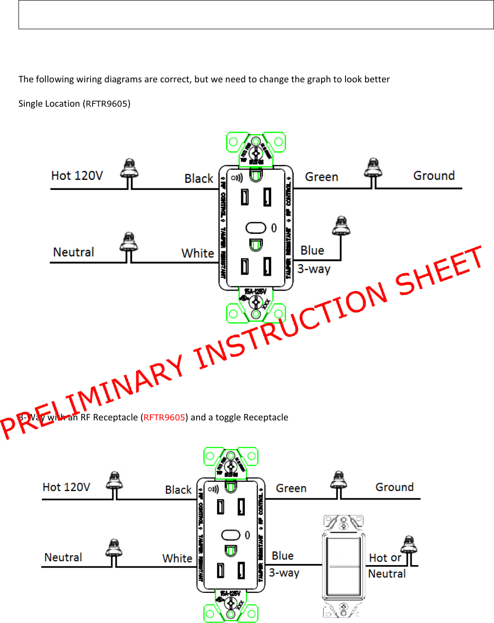    The following wiring diagrams are correct, but we need to change the graph to look better Single Location (RFTR9605)    3-Way with an RF Receptacle (RFTR9605) and a toggle Receptacle    