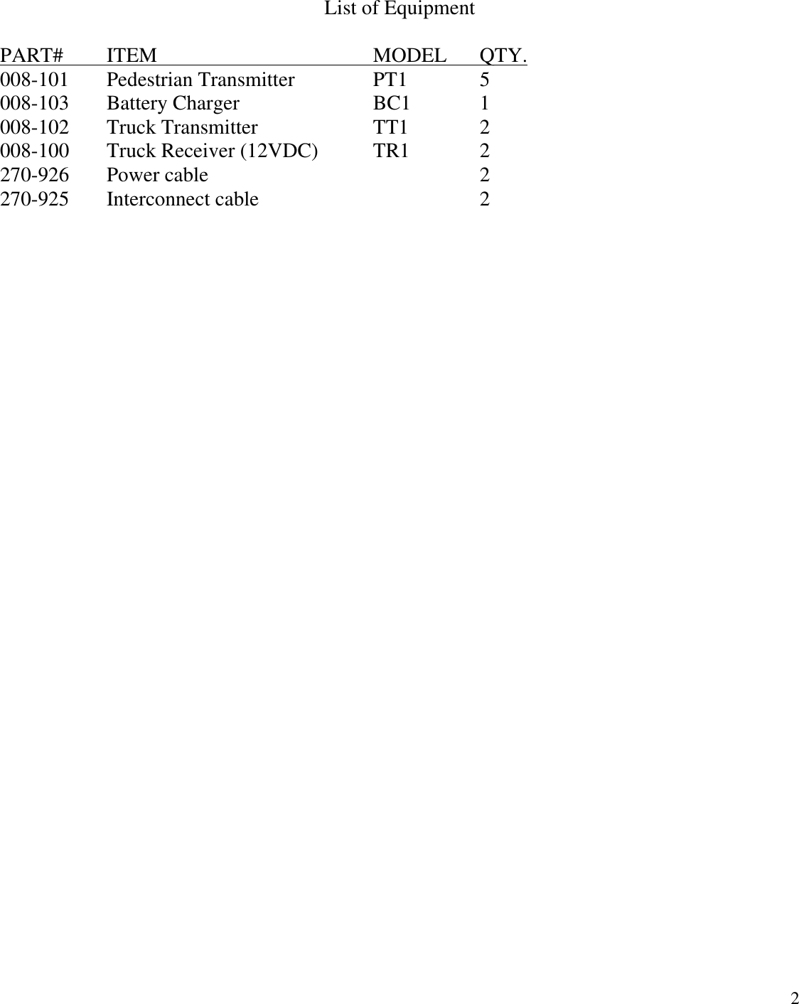 2List of EquipmentPART#         ITEM                                             MODEL       QTY.008-101Pedestrian TransmitterPT15008-103Battery ChargerBC11008-102Truck TransmitterTT12008-100Truck Receiver (12VDC)TR12270-926Power cable2270-925Interconnect cable2