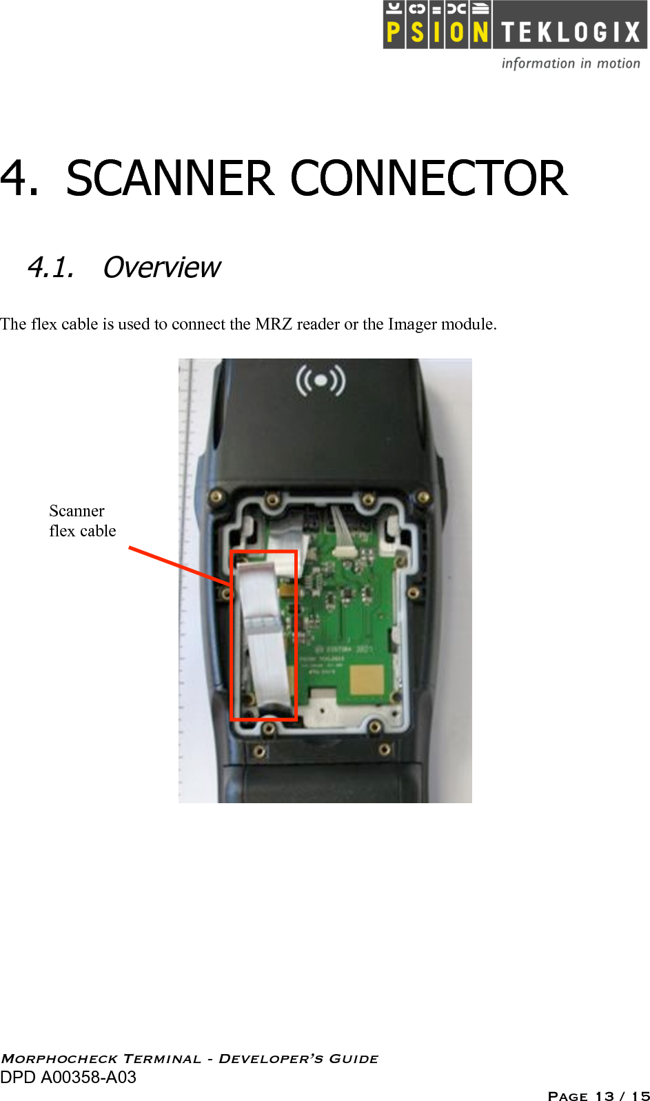   Morphocheck Terminal - Developer’s Guide DPD A00358-A03 Page 13 / 15 4.  SCANNER CONNECTOR 4.1. Overview The flex cable is used to connect the MRZ reader or the Imager module.   Scanner flex cable 