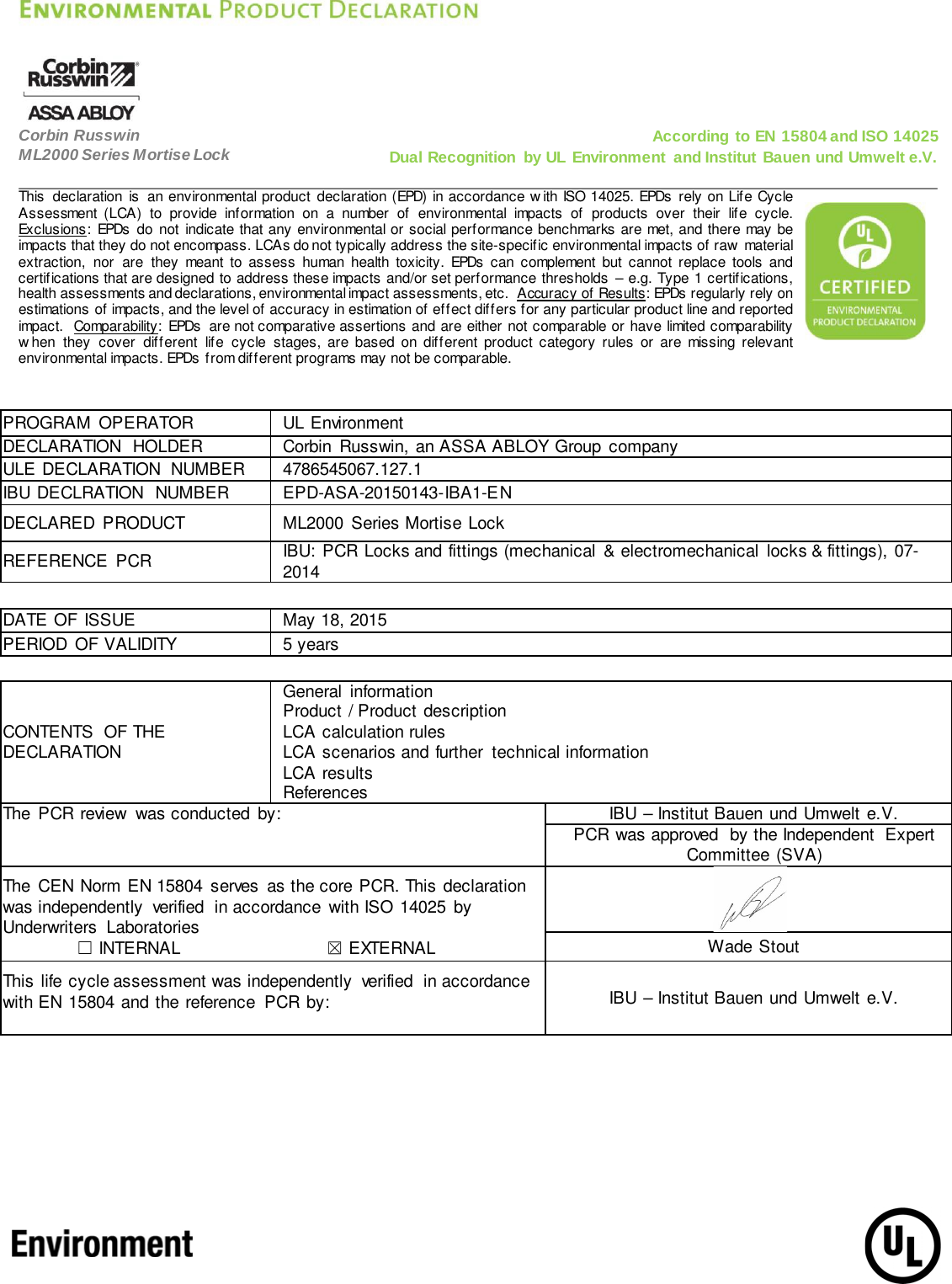 Page 2 of 11 - Corbin Russwin  ML2000 Series Mortise Lock - Environmental Product Declaration (EPD) 127.1 ASSA ABLOY Mr EPD ML2000Series