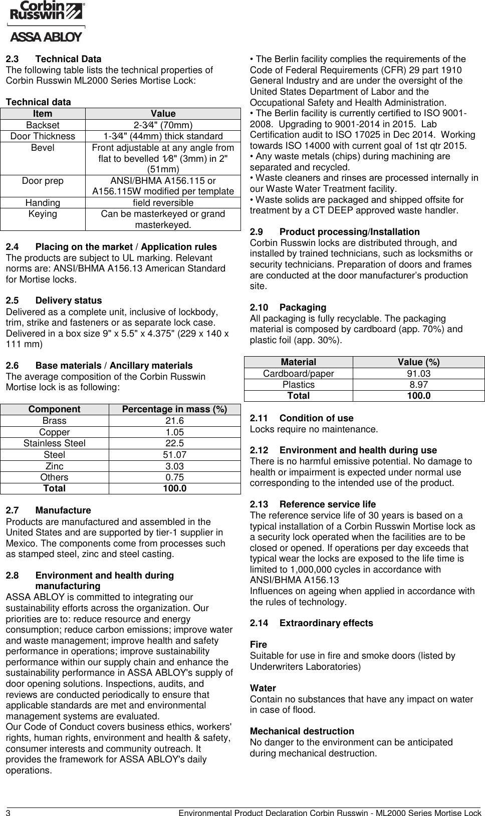 Page 4 of 11 - Corbin Russwin  ML2000 Series Mortise Lock - Environmental Product Declaration (EPD) 127.1 ASSA ABLOY Mr EPD ML2000Series