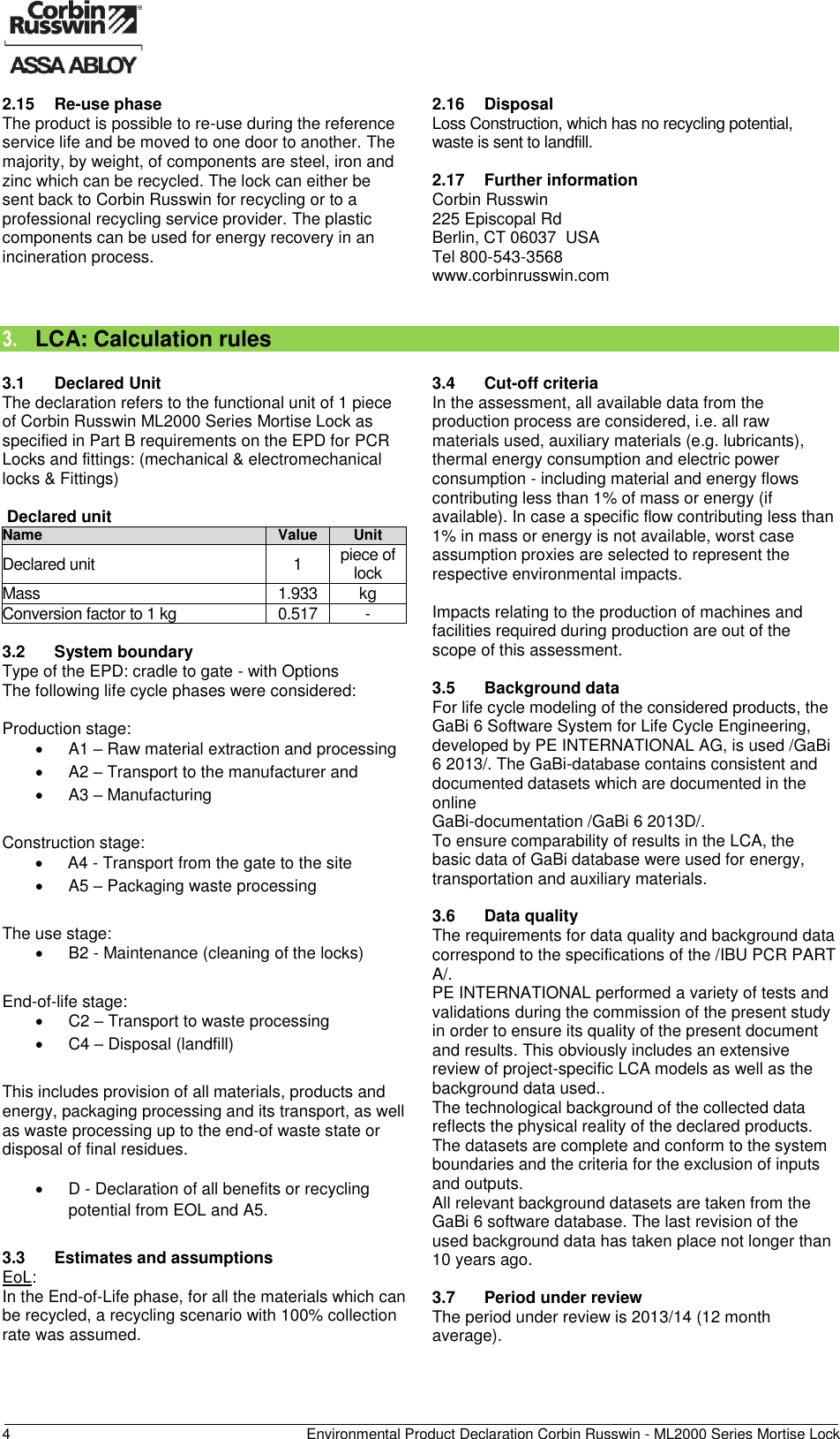 Page 5 of 11 - Corbin Russwin  ML2000 Series Mortise Lock - Environmental Product Declaration (EPD) 127.1 ASSA ABLOY Mr EPD ML2000Series