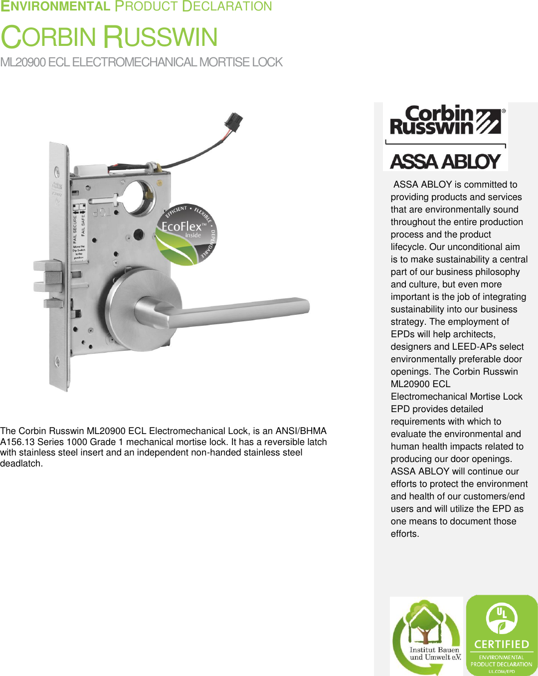 Page 1 of 11 - Corbin Russwin  ML20900 ECL Electromechanical Mortise Lock - Environmental Product Declaration (EPD) 141.1 ASSA ABLOY Mr EPD