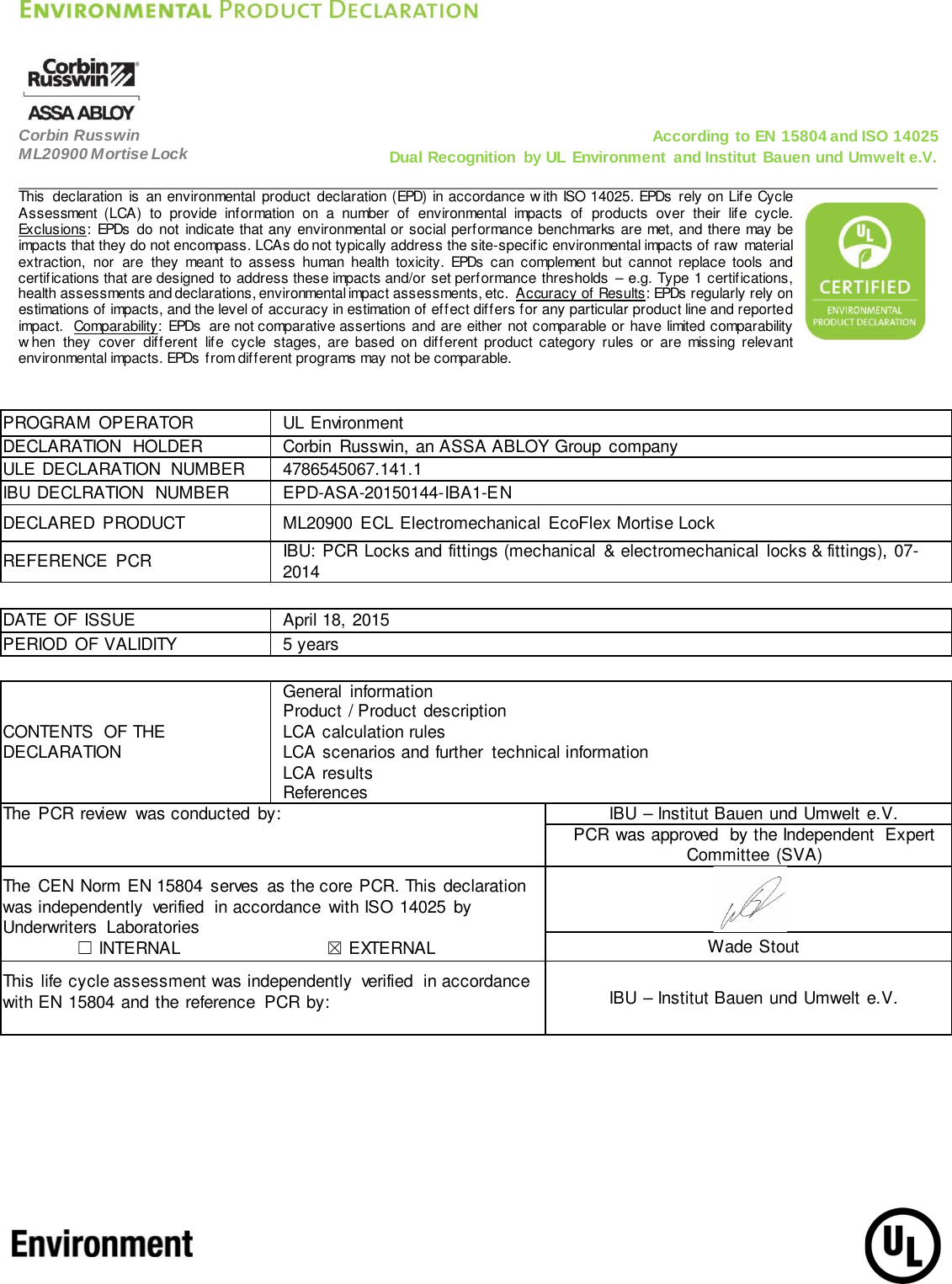 Page 2 of 11 - Corbin Russwin  ML20900 ECL Electromechanical Mortise Lock - Environmental Product Declaration (EPD) 141.1 ASSA ABLOY Mr EPD