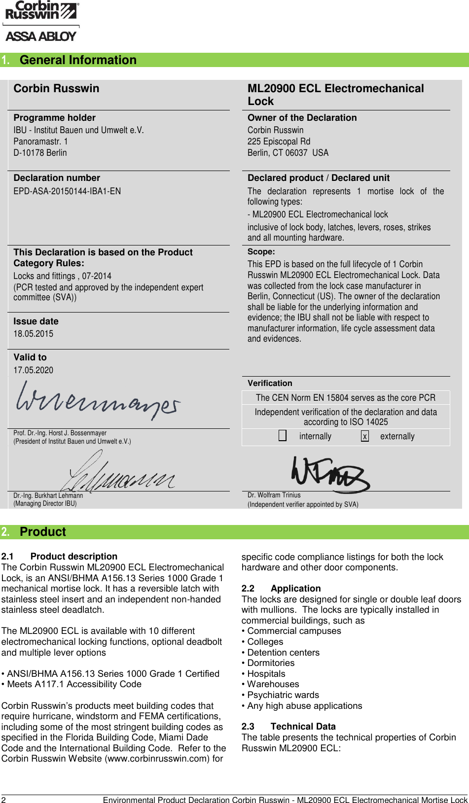 Page 3 of 11 - Corbin Russwin  ML20900 ECL Electromechanical Mortise Lock - Environmental Product Declaration (EPD) 141.1 ASSA ABLOY Mr EPD