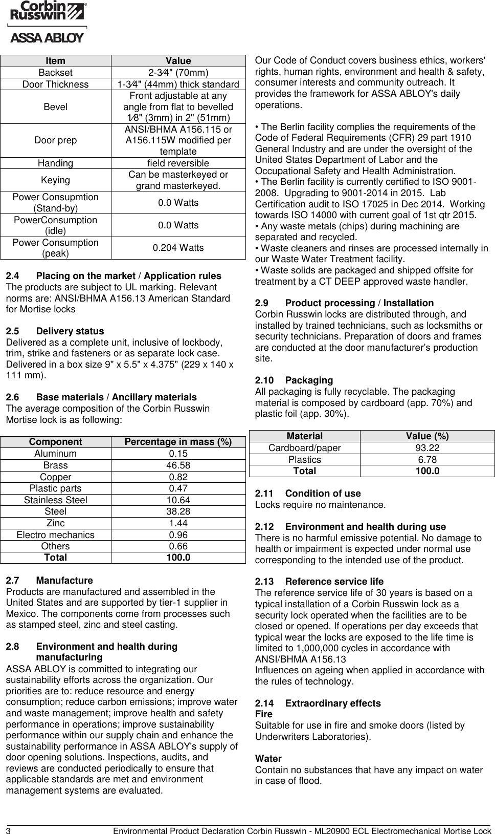 Page 4 of 11 - Corbin Russwin  ML20900 ECL Electromechanical Mortise Lock - Environmental Product Declaration (EPD) 141.1 ASSA ABLOY Mr EPD