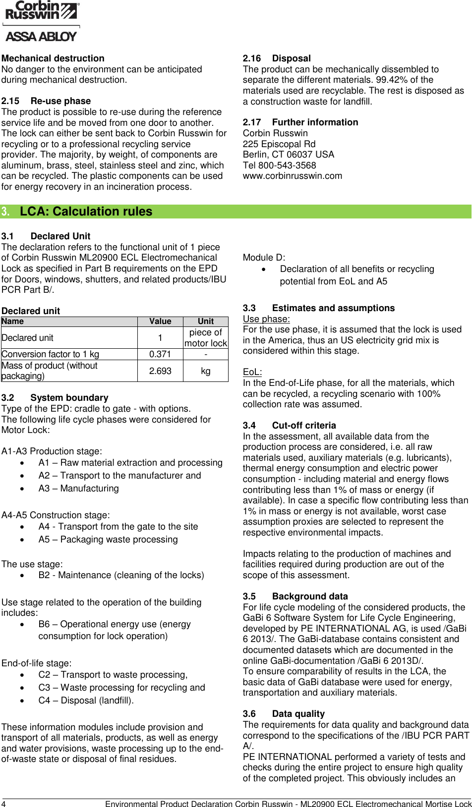 Page 5 of 11 - Corbin Russwin  ML20900 ECL Electromechanical Mortise Lock - Environmental Product Declaration (EPD) 141.1 ASSA ABLOY Mr EPD