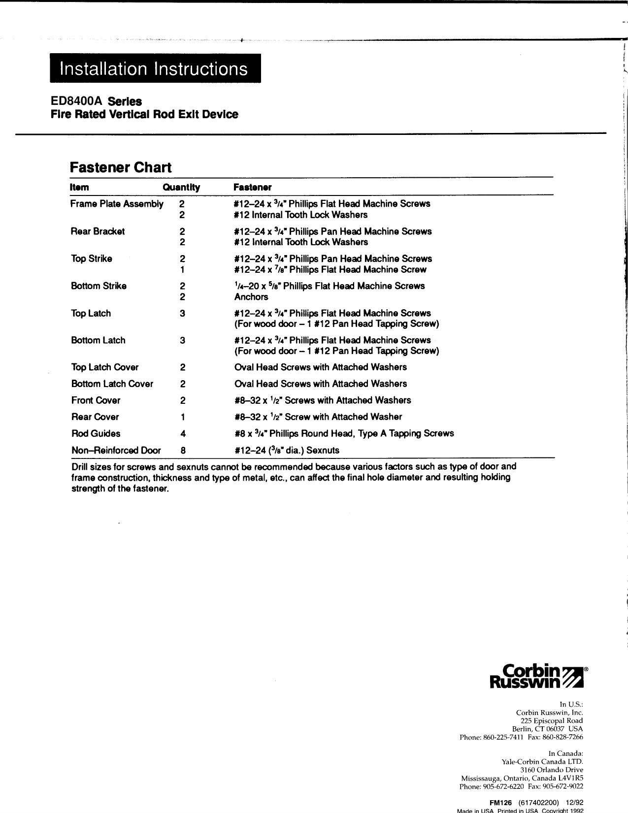 Page 8 of 8 - Corbin Russwin ED8400A Series FM126