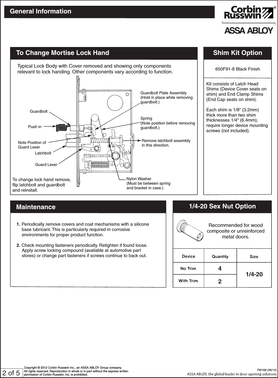 Page 2 of 5 - Corbin Russwin FM168 (06-12) ED5600A Series