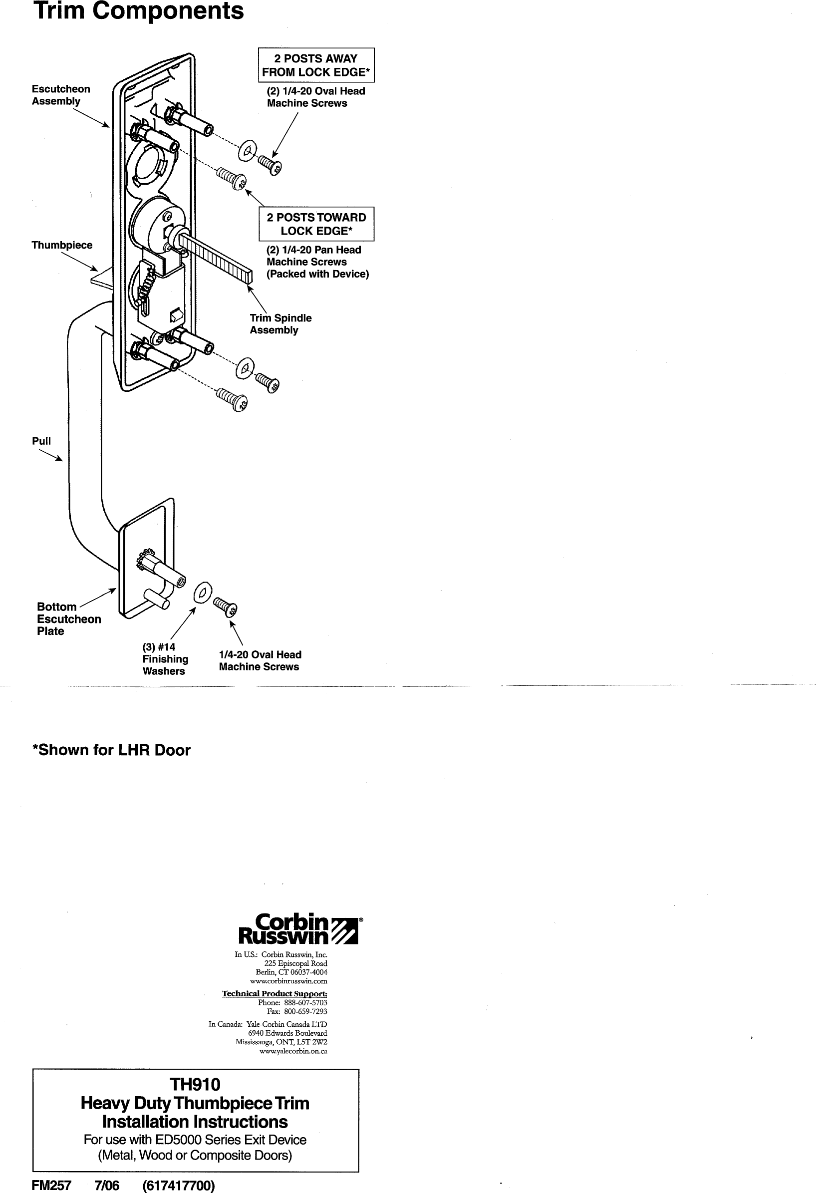 Corbin Russwin TH910 Heavy Duty Thumbpiece Trim FM257