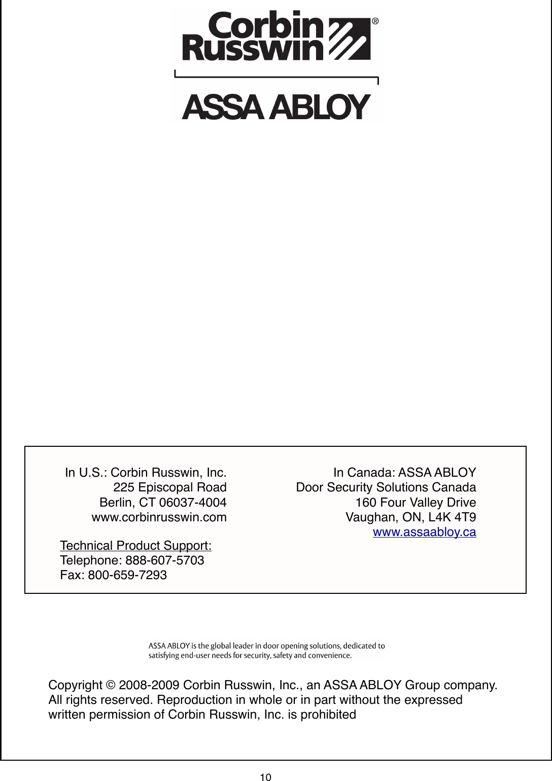 Page 10 of 10 - Corbin Russwin FM 316 12 08 09 ED4200, ED4200M, ED4200MA, ED4200S, ED4200SM, ED4200SMA Series Rim & Secure Bolt FM316