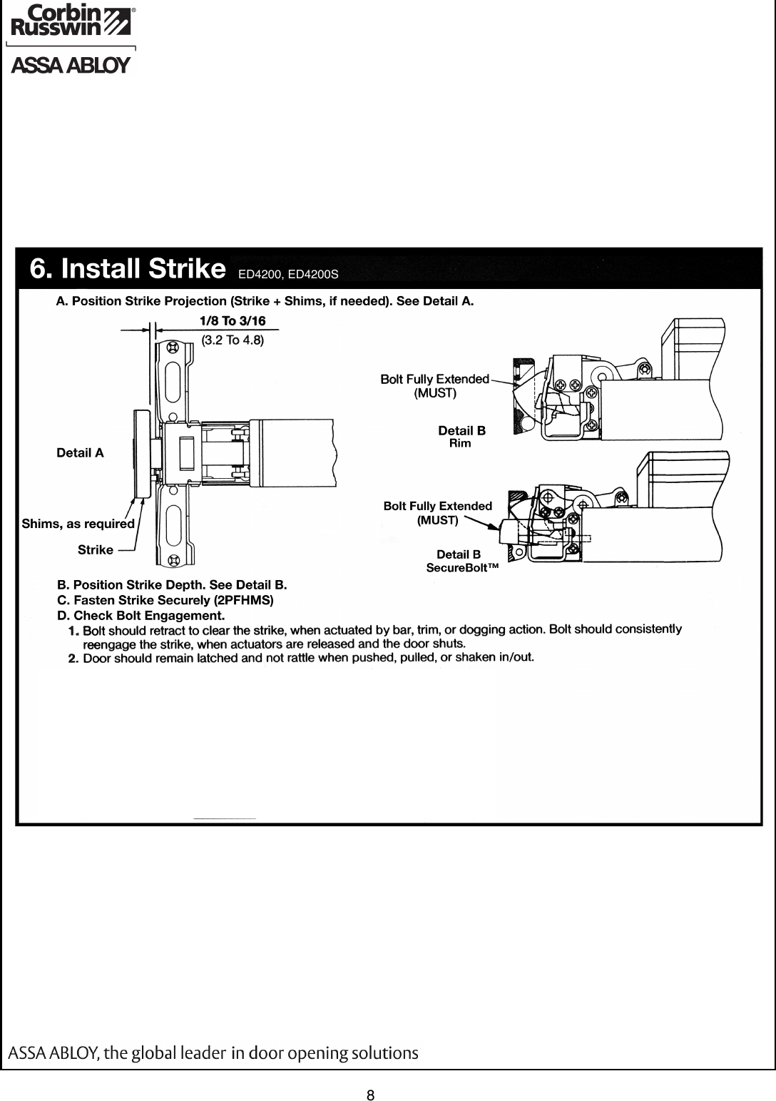 Page 8 of 10 - Corbin Russwin FM 316 12 08 09 ED4200, ED4200M, ED4200MA, ED4200S, ED4200SM, ED4200SMA Series Rim & Secure Bolt FM316