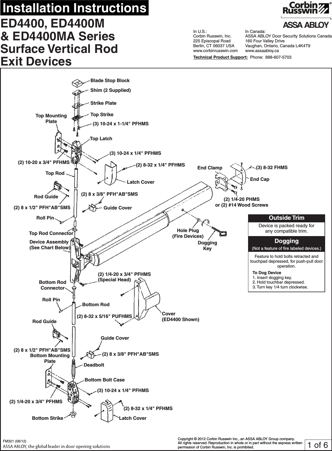 Page 1 of 6 - Corbin Russwin FM321 (06-12) ED4400, ED4400M And ED4400MA Series Surface Vertical Rod Exit Devices