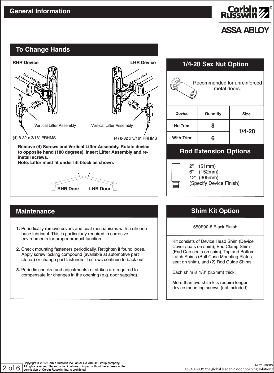 Page 2 of 6 - Corbin Russwin FM321 (06-12) ED4400, ED4400M And ED4400MA Series Surface Vertical Rod Exit Devices