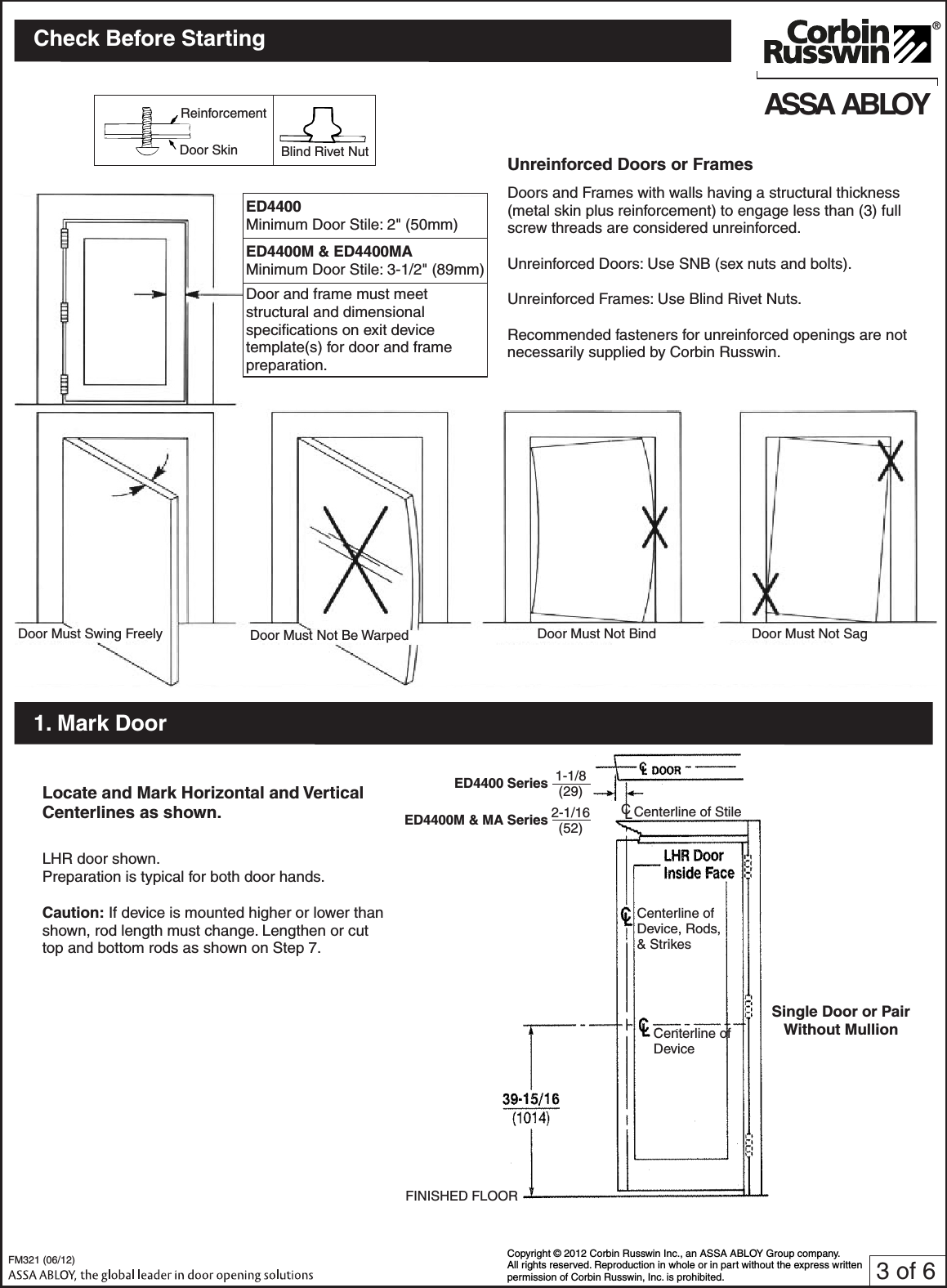 Page 3 of 6 - Corbin Russwin FM321 (06-12) ED4400, ED4400M And ED4400MA Series Surface Vertical Rod Exit Devices