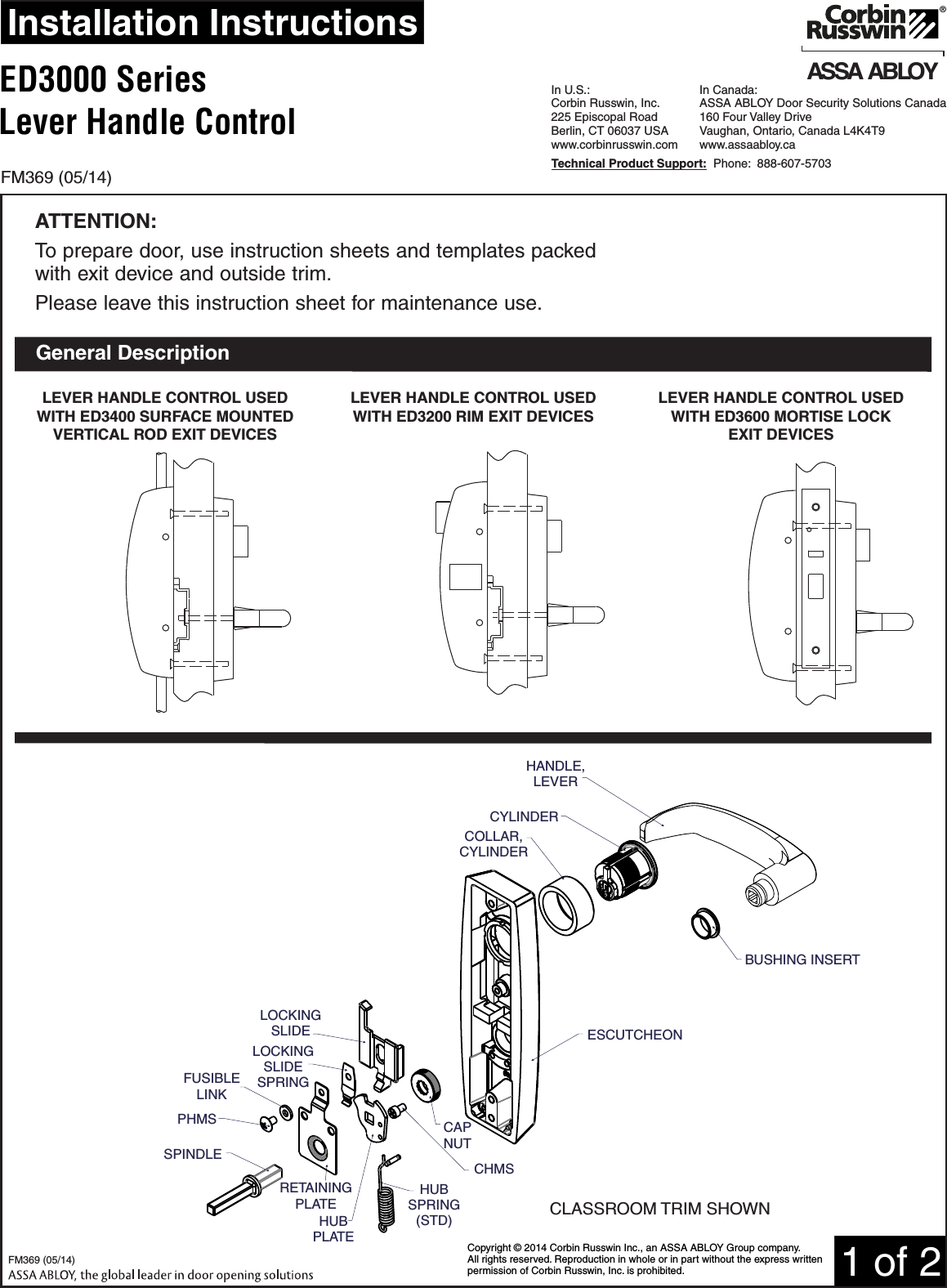 Page 1 of 2 - Corbin Russwin  ED3000 Series Lever Handle Control FM36905-14
