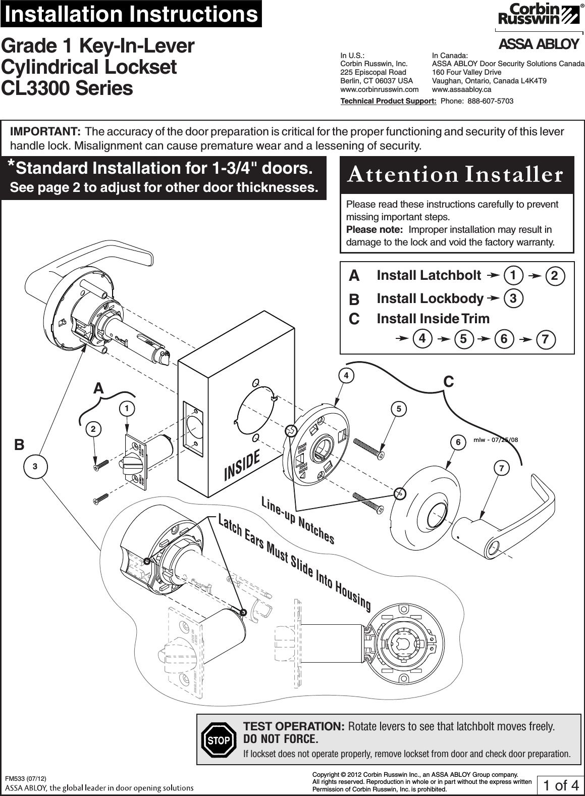 Page 1 of 4 - Corbin Russwin FM533 (07-12) CL3300 Series FM53307-12