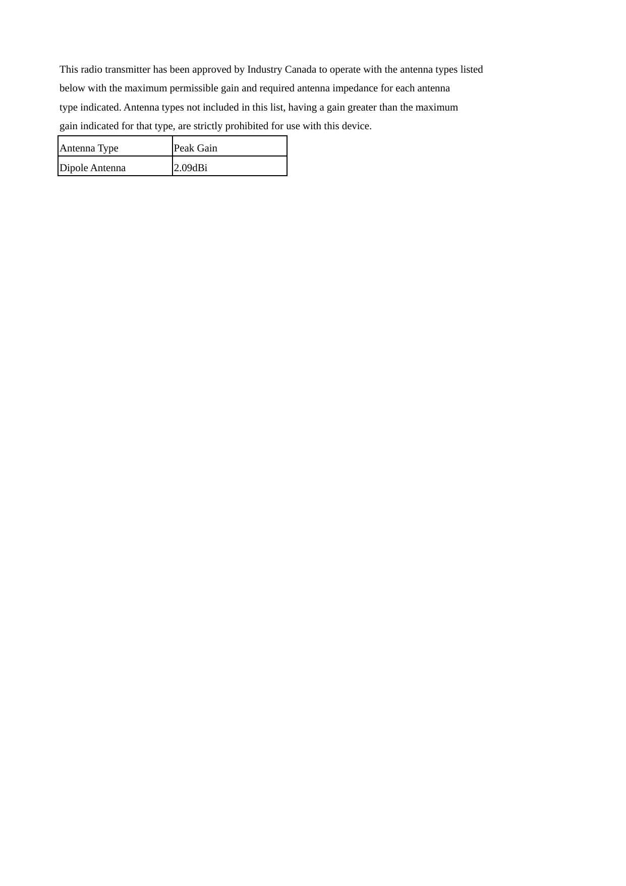 This radio transmitter has been approved by Industry Canada to operate with the antenna types listed below with the maximum permissible gain and required antenna impedance for each antenna type indicated. Antenna types not included in this list, having a gain greater than the maximum gain indicated for that type, are strictly prohibited for use with this device. Antenna Type  Peak Gain Dipole Antenna   2.09dBi   