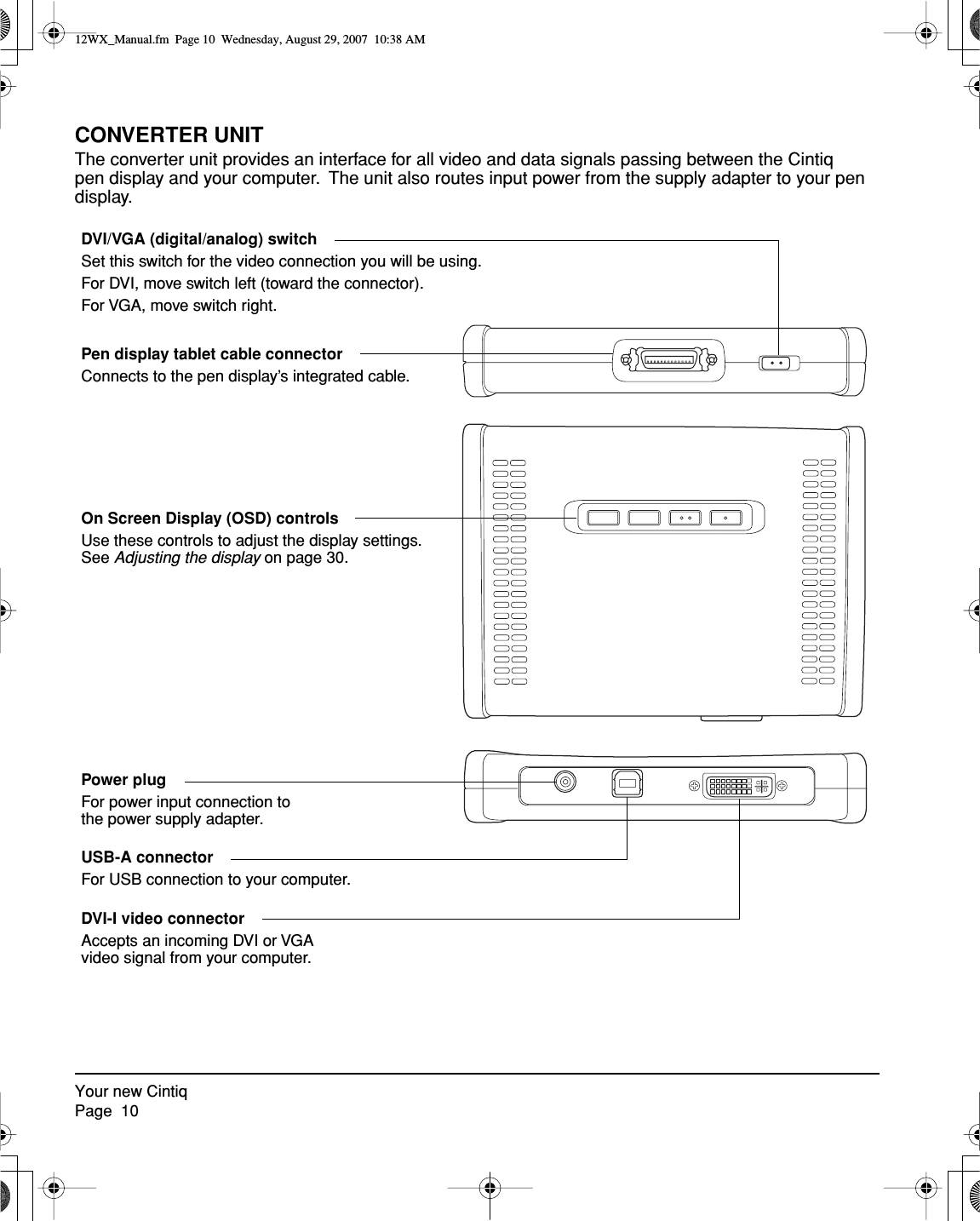  Your new CintiqPage  10 CONVERTER UNIT The converter unit provides an interface for all video and data signals passing between the Cintiq pen display and your computer.  The unit also routes input power from the supply adapter to your pen display.On Screen Display (OSD) controlsUse these controls to adjust the display settings.  See Adjusting the display on page 30.DVI/VGA (digital/analog) switchSet this switch for the video connection you will be using.For DVI, move switch left (toward the connector).For VGA, move switch right.Pen display tablet cable connectorConnects to the pen display’s integrated cable.DVI-I video connectorAccepts an incoming DVI or VGA video signal from your computer.USB-A connectorFor USB connection to your computer.Power plugFor power input connection to the power supply adapter. 12WX_Manual.fm  Page 10  Wednesday, August 29, 2007  10:38 AM