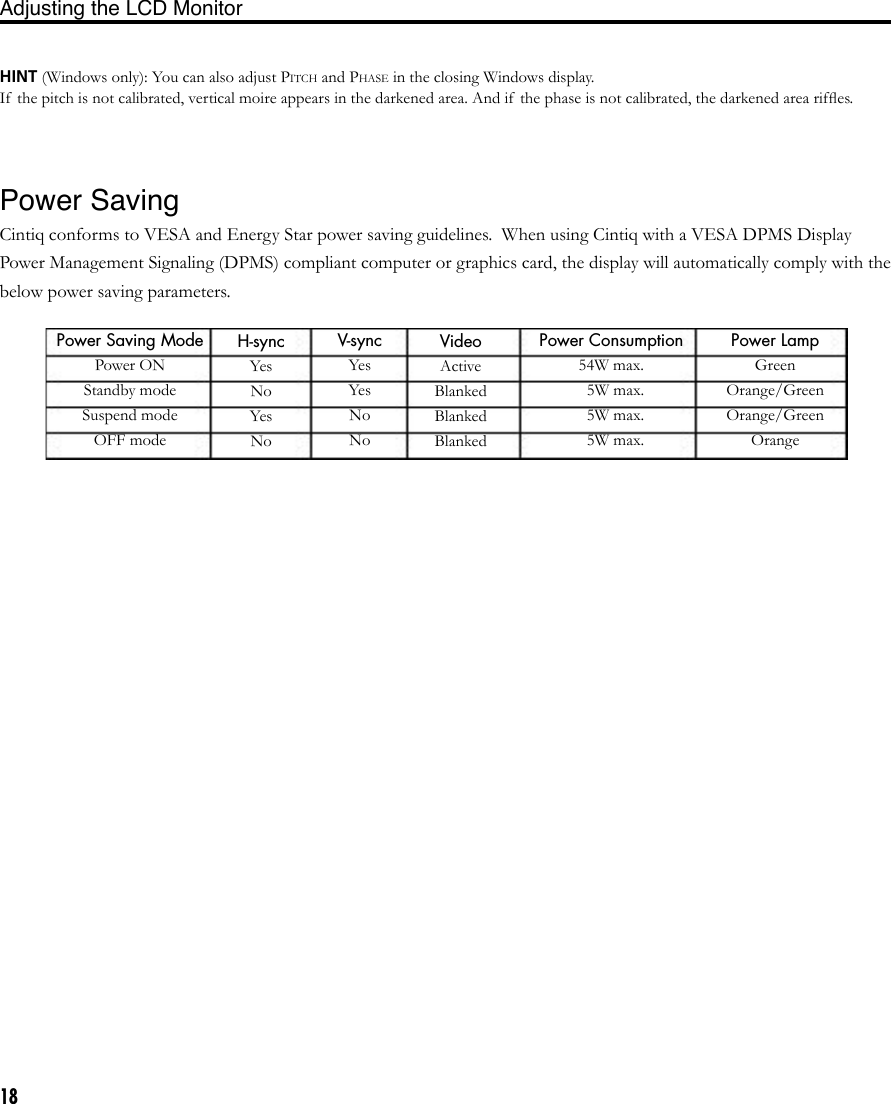 18HINT (Windows only): You can also adjust PITCH and PHASE in the closing Windows display.If  the pitch is not calibrated, vertical moire appears in the darkened area. And if the phase is not calibrated, the darkened area rifﬂes.Power SavingCintiq conforms to VESA and Energy Star power saving guidelines.  When using Cintiq with a VESA DPMS Display Power Management Signaling (DPMS) compliant computer or graphics card, the display will automatically comply with the below power saving parameters.Power Saving ModePower ONStandby modeSuspend modeOFF modeV-syncYesYesNoNoVideoActiveBlankedBlankedBlankedPower Consumption 54W max.  5W max.  5W max.  5W max.Power LampGreenOrange/GreenOrange/GreenOrangeH-syncYesNoYesNoAdjusting the LCD Monitor