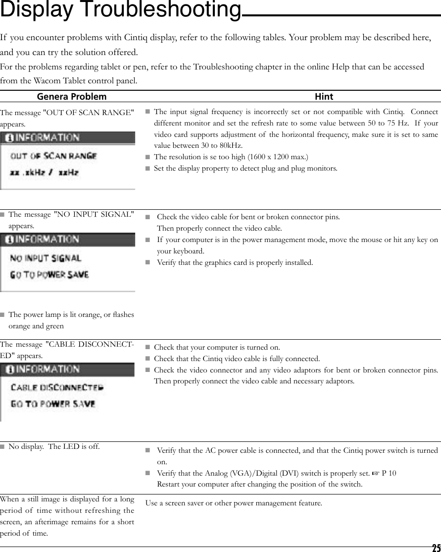 25Display Troubleshooting If  you encounter problems with Cintiq display, refer to the following tables. Your problem may be described here, and you can try the solution offered.For the problems regarding tablet or pen, refer to the Troubleshooting chapter in the online Help that can be accessed from the Wacom Tablet control panel.   Genera Problem                   HintThe message &quot;OUT OF SCAN RANGE&quot; appears.■  The  message  &quot;NO  INPUT  SIGNAL&quot; appears.■  The power lamp is lit orange, or ﬂashes orange and greenThe  message  &quot;CABLE  DISCONNECT-ED&quot; appears.■  No display.  The LED is off.When a still image is displayed for a long period  of   time  without  refreshing  the screen, an afterimage remains for a short period of  time.■  The  input  signal  frequency  is  incorrectly  set  or  not  compatible  with  Cintiq.    Connect different monitor and set the refresh rate to some value between 50 to 75 Hz.  If  your video card supports adjustment of  the horizontal frequency, make sure it is set to same value between 30 to 80kHz.■  The resolution is se too high (1600 x 1200 max.)■  Set the display property to detect plug and plug monitors.■  Check the video cable for bent or broken connector pins.    Then properly connect the video cable.■  If  your computer is in the power management mode, move the mouse or hit any key on your keyboard.■  Verify that the graphics card is properly installed.■  Check that your computer is turned on.■  Check that the Cintiq video cable is fully connected.■  Check the video connector and any video adaptors for bent or broken connector pins.  Then properly connect the video cable and necessary adaptors.■  Verify that the AC power cable is connected, and that the Cintiq power switch is turned on.■  Verify that the Analog (VGA)/Digital (DVI) switch is properly set. ☞ P 10  Restart your computer after changing the position of  the switch.Use a screen saver or other power management feature.