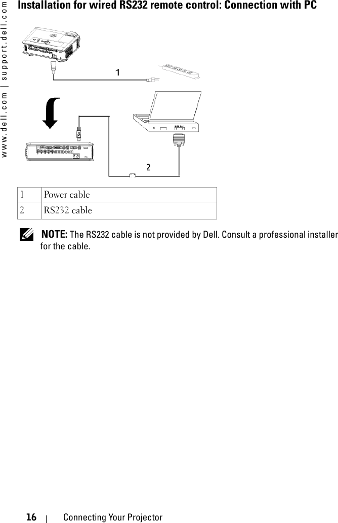 www.dell.com | support.dell.com16 Connecting Your ProjectorInstallation for wired RS232 remote control: Connection with PC NOTE: The RS232 cable is not provided by Dell. Consult a professional installer for the cable.1Power cable2 RS232 cable