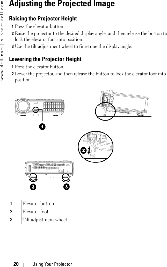 www.dell.com | support.dell.com20 Using Your ProjectorAdjusting the Projected Image Raising the Projector Height 1Press the elevator button. 2Raise the projector to the desired display angle, and then release the button to lock the elevator foot into position.3Use the tilt adjustment wheel to fine-tune the display angle.Lowering the Projector Height 1Press the elevator button. 2Lower the projector, and then release the button to lock the elevator foot into position.1Elevator button 2Elevator foot 3Tilt adjustment wheel