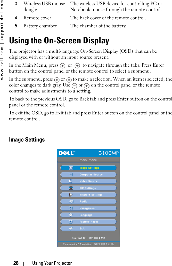 www.dell.com | support.dell.com28 Using Your ProjectorUsing the On-Screen DisplayThe projector has a multi-language On-Screen Display (OSD) that can be displayed with or without an input source present. In the Main Menu, press    or    to navigate through the tabs. Press Enter button on the control panel or the remote control to select a submenu. In the submenu, press   or   to make a selection. When an item is selected, the color changes to dark gray. Use   or   on the control panel or the remote control to make adjustments to a setting. To back to the previous OSD, go to Back tab and press Enter button on the control panel or the remote control.To exit the OSD, go to Exit tab and press Enter button on the control panel or the remote control.Image Settings 3Wireless USB mouse dongle The wireless USB device for controlling PC or Notebook mouse through the remote control. 4Remote cover The back cover of the remote control.5Battery chamber The chamber of the battery.