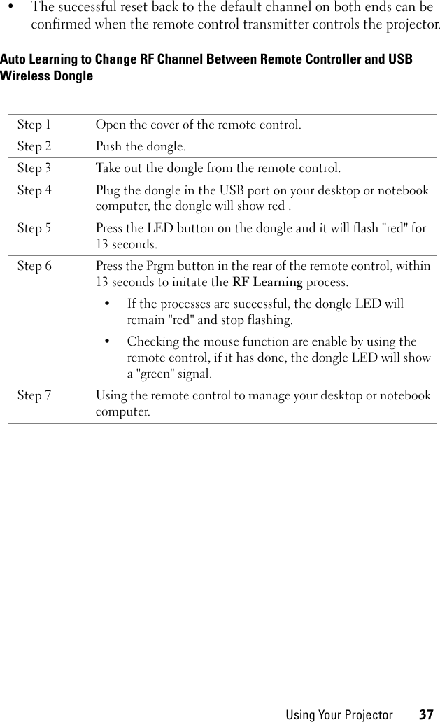 Using Your Projector 37• The successful reset back to the default channel on both ends can be confirmed when the remote control transmitter controls the projector. Auto Learning to Change RF Channel Between Remote Controller and USB Wireless DongleStep 1 Open the cover of the remote control.Step 2 Push the dongle.Step 3 Take out the dongle from the remote control.Step 4 Plug the dongle in the USB port on your desktop or notebook computer, the dongle will show red .Step 5 Press the LED button on the dongle and it will flash &quot;red&quot; for 13 seconds.Step 6 Press the Prgm button in the rear of the remote control, within 13 seconds to initate the RF Learning process. • If the processes are successful, the dongle LED will remain &quot;red&quot; and stop flashing. • Checking the mouse function are enable by using the remote control, if it has done, the dongle LED will show a &quot;green&quot; signal. Step 7 Using the remote control to manage your desktop or notebook computer.