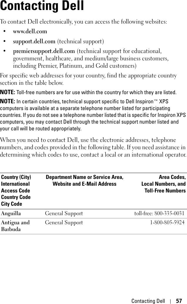 Contacting Dell 57Contacting DellTo contact Dell electronically, you can access the following websites:• www.dell.com•support.dell.com (technical support)•premiersupport.dell.com (technical support for educational, government, healthcare, and medium/large business customers, including Premier, Platinum, and Gold customers)For specific web addresses for your country, find the appropriate country section in the table below. NOTE: Toll-free numbers are for use within the country for which they are listed.NOTE: In certain countries, technical support specific to Dell Inspiron™ XPS computers is available at a separate telephone number listed for participating countries. If you do not see a telephone number listed that is specific for Inspiron XPS computers, you may contact Dell through the technical support number listed and your call will be routed appropriately.When you need to contact Dell, use the electronic addresses, telephone numbers, and codes provided in the following table. If you need assistance in determining which codes to use, contact a local or an international operator.Country (City)International Access Code Country CodeCity CodeDepartment Name or Service Area,Website and E-Mail AddressArea Codes,Local Numbers, andToll-Free NumbersAnguilla General Supporttoll-free: 800-335-0031Antigua and Barbuda General Support1-800-805-5924