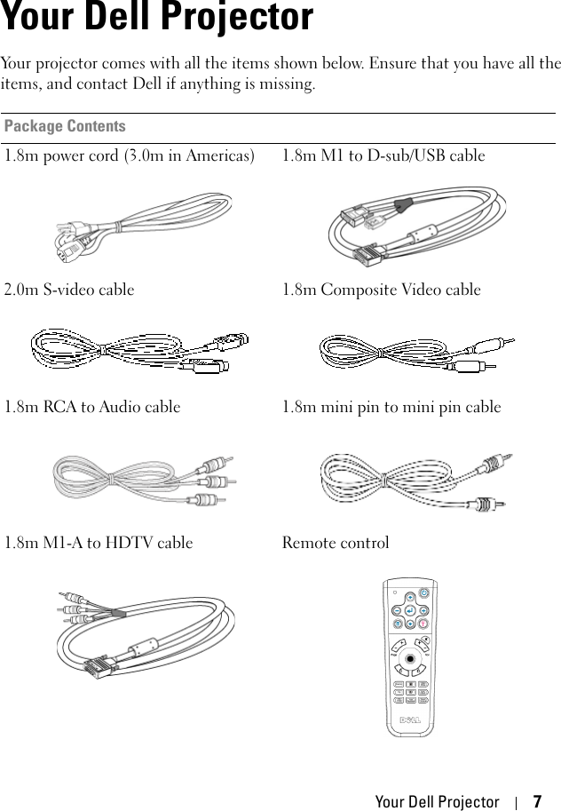 Your Dell Projector 71Your Dell ProjectorYour projector comes with all the items shown below. Ensure that you have all the items, and contact Dell if anything is missing. Package Contents1.8m power cord (3.0m in Americas) 1.8m M1 to D-sub/USB cable2.0m S-video cable 1.8m Composite Video cable1.8m RCA to Audio cable 1.8m mini pin to mini pin cable1.8m M1-A to HDTV cable  Remote control