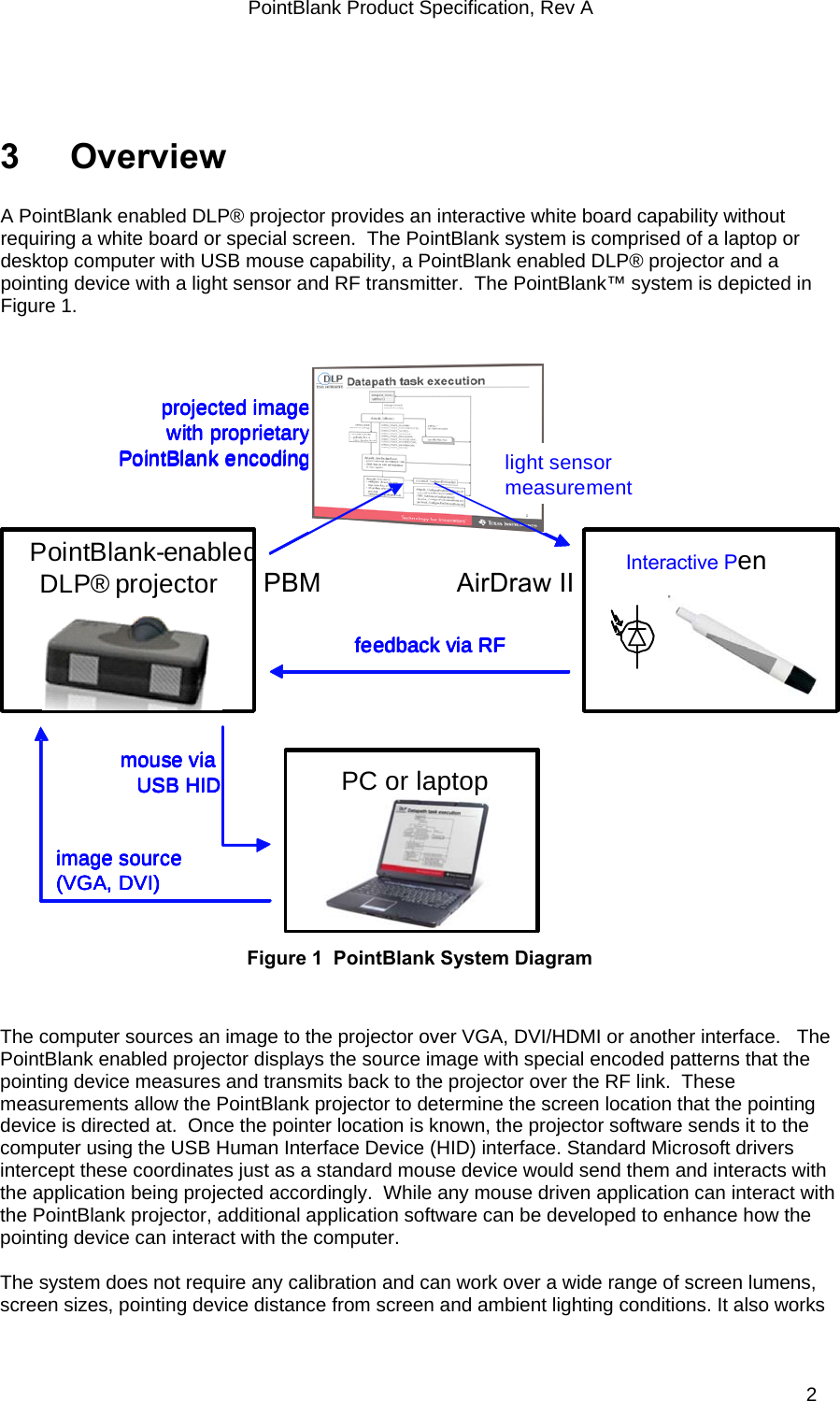 PointBlank Product Specification, Rev A 3 Overview  A PointBlank enabled DLP® projector provides an interactive white board capability without requiring a white board or special screen.  The PointBlank system is comprised of a laptop or desktop computer with USB mouse capability, a PointBlank enabled DLP® projector and a pointing device with a light sensor and RF transmitter.  The PointBlank™ system is depicted in Figure 1.   PointBlank-enabledDLP® projector      PBM                  AirDraw IIPC or laptopfeedback via RFmouse via USB HIDprojected imagewith proprietaryPointBlank encoding light sensormeasurementimage source(VGA, DVI)pointing          ointDLP® projectorPC or laptopfeedback via RFmouse via USB HIDprojected imagewith proprietaryPointBlank encoding light sensormeasurementimage source(VGA, DVI)pointing denvicePointBlank-enabledDLP® projectorPC or laptopfeedback via RFmouse via USB HIDprojected imagewith proprietaryPointBlank encoding light sensormeasurementimage source(VGA, DVI)pointing nen vcePointBlank-enabledDLP® projectorPC or laptopfeedback via RFmouse via USB HIDprojected imagewith proprietaryPointBlank encoding light sensormeasurementimage source(VGA, DVI)Interactive Pen Figure 1  PointBlank System Diagram   The computer sources an image to the projector over VGA, DVI/HDMI or another interface.   The PointBlank enabled projector displays the source image with special encoded patterns that the pointing device measures and transmits back to the projector over the RF link.  These measurements allow the PointBlank projector to determine the screen location that the pointing device is directed at.  Once the pointer location is known, the projector software sends it to the computer using the USB Human Interface Device (HID) interface. Standard Microsoft drivers intercept these coordinates just as a standard mouse device would send them and interacts with the application being projected accordingly.  While any mouse driven application can interact with the PointBlank projector, additional application software can be developed to enhance how the pointing device can interact with the computer.  The system does not require any calibration and can work over a wide range of screen lumens, screen sizes, pointing device distance from screen and ambient lighting conditions. It also works TI Confidential – NDA Restrictions  2