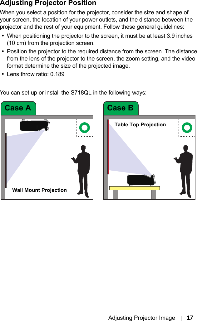 Adjusting Projector Image 17Adjusting Projector PositionWhen you select a position for the projector, consider the size and shape of your screen, the location of your power outlets, and the distance between the projector and the rest of your equipment. Follow these general guidelines: •When positioning the projector to the screen, it must be at least 3.9 inches (10 cm) from the projection screen.•Position the projector to the required distance from the screen. The distance from the lens of the projector to the screen, the zoom setting, and the video format determine the size of the projected image.•Lens throw ratio: 0.189You can set up or install the S718QL in the following ways:Case A Case BWall Mount ProjectionTable Top Projection