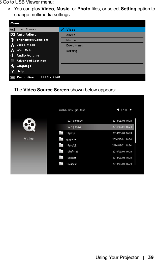 Using Your Projector 395Go to USB Viewer menu:aYou can play Video, Music, or Photo files, or select Setting option to change multimedia settings.The Video Source Screen shown below appears: