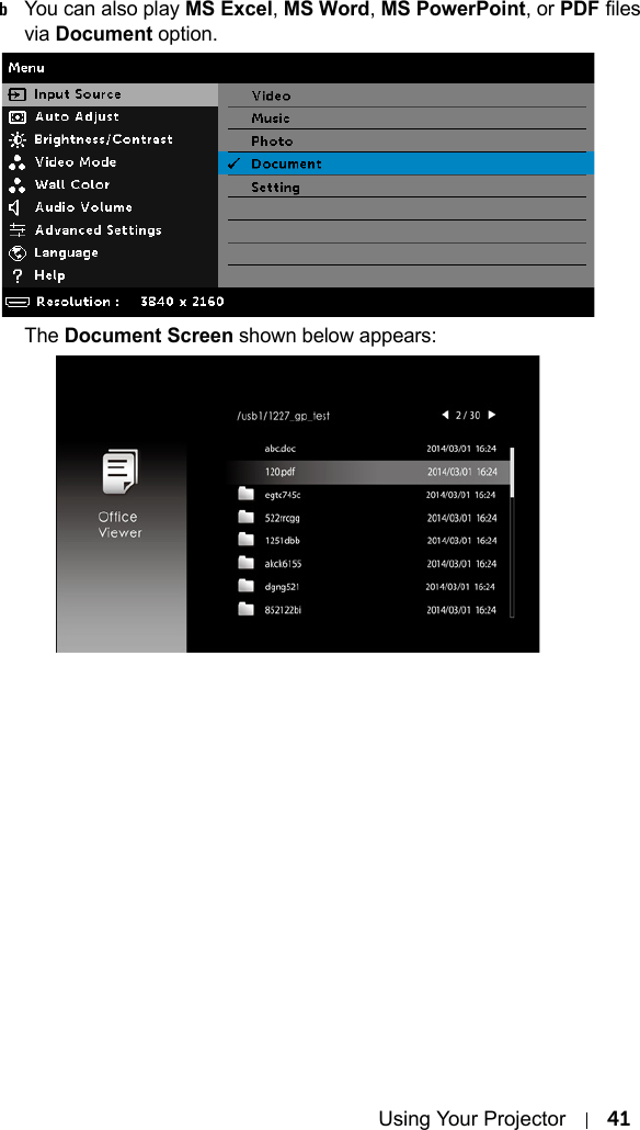 Using Your Projector 41bYou can also play MS Excel, MS Word, MS PowerPoint, or PDF files via Document option.The Document Screen shown below appears: