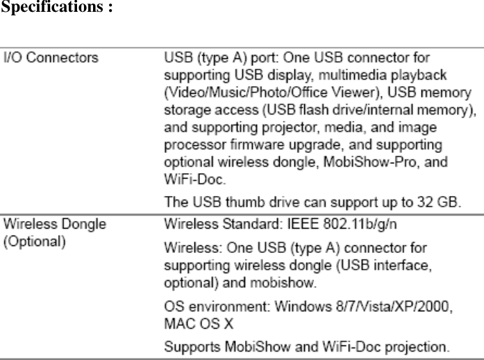          Specifications :                        