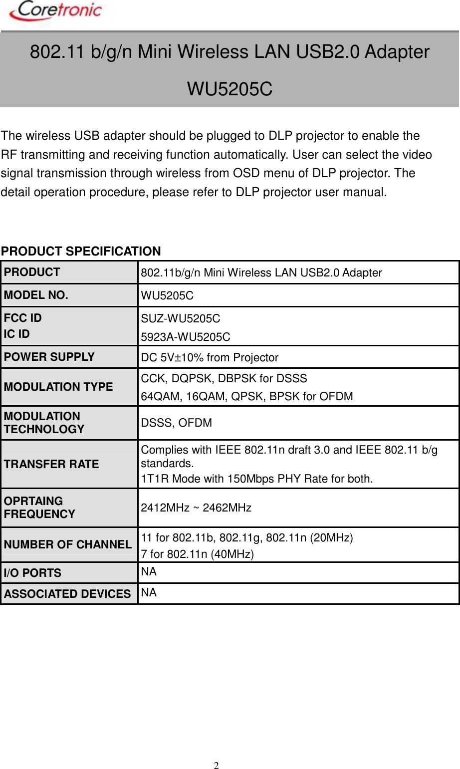       2 802.11 b/g/n Mini Wireless LAN USB2.0 Adapter WU5205C  The wireless USB adapter should be plugged to DLP projector to enable the RF transmitting and receiving function automatically. User can select the video signal transmission through wireless from OSD menu of DLP projector. The detail operation procedure, please refer to DLP projector user manual.     PRODUCT SPECIFICATION PRODUCT  802.11b/g/n Mini Wireless LAN USB2.0 Adapter MODEL NO.  WU5205C FCC ID IC ID SUZ-WU5205C 5923A-WU5205C POWER SUPPLY  DC 5V±10% from Projector MODULATION TYPE  CCK, DQPSK, DBPSK for DSSS 64QAM, 16QAM, QPSK, BPSK for OFDM MODULATION TECHNOLOGY  DSSS, OFDM TRANSFER RATE  Complies with IEEE 802.11n draft 3.0 and IEEE 802.11 b/g standards.   1T1R Mode with 150Mbps PHY Rate for both. OPRTAING FREQUENCY  2412MHz ~ 2462MHz NUMBER OF CHANNEL 11 for 802.11b, 802.11g, 802.11n (20MHz) 7 for 802.11n (40MHz) I/O PORTS  NA ASSOCIATED DEVICES NA  