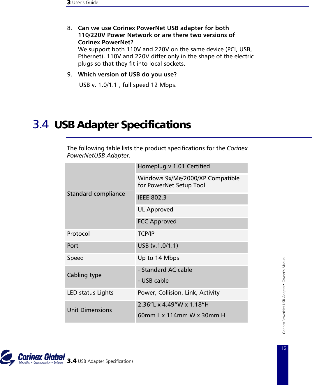 3 User‘s Guide   8.  Can we use Corinex PowerNet USB adapter for both 110/220V Power Network or are there two versions of Corinex PowerNet? We support both 110V and 220V on the same device (PCI, USB, Ethernet). 110V and 220V differ only in the shape of the electric plugs so that they fit into local sockets. 9.  Which version of USB do you use? USB v. 1.0/1.1 , full speed 12 Mbps.   3.4  USB Adapter Specifications  The following table lists the product specifications for the Corinex PowerNetUSB Adapter.  3.4 USB Adapter Specifications 15Corinex PowerNet USB Adapter• Owner‘s Manual Homeplug v 1.01 Certified Windows 9x/Me/2000/XP Compatible for PowerNet Setup Tool IEEE 802.3 UL Approved Standard compliance FCC Approved Protocol  TCP/IP Port  USB (v.1.0/1.1) Speed  Up to 14 Mbps Cabling type − Standard AC cable − USB cable LED status Lights  Power, Collision, Link, Activity Unit Dimensions  2.36“L x 4.49“W x 1.18“H 60mm L x 114mm W x 30mm H 