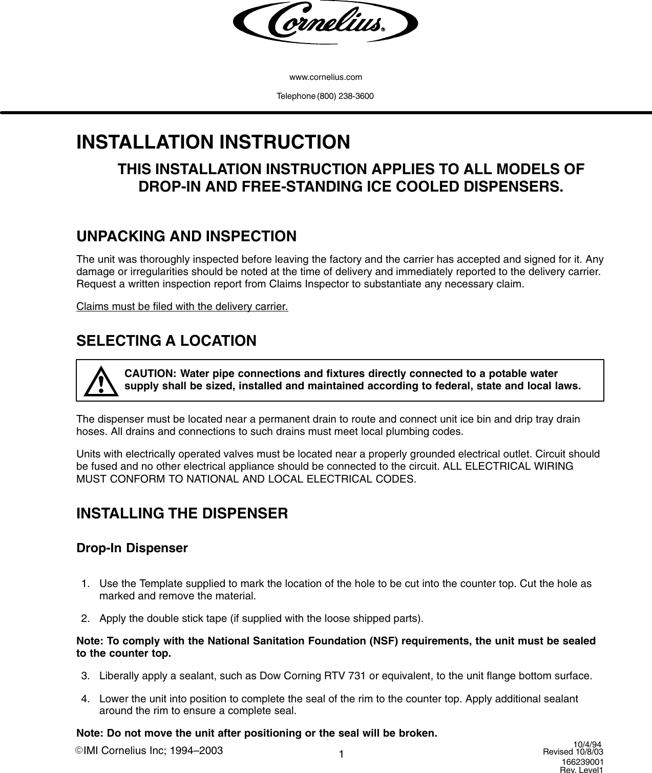 Page 1 of 9 - Cornelius Cornelius-Ice-Cooled-Dispensers-Users-Manual-  Cornelius-ice-cooled-dispensers-users-manual